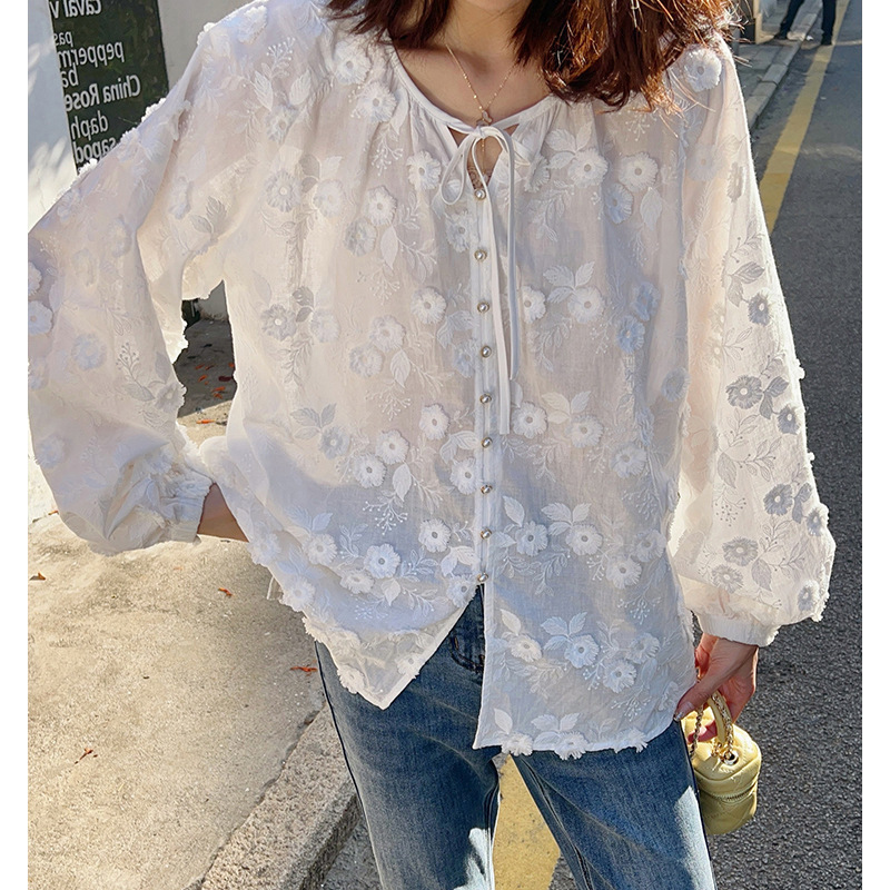 Embroidery Blouse - Women 3D Floral Embroidery Tie V