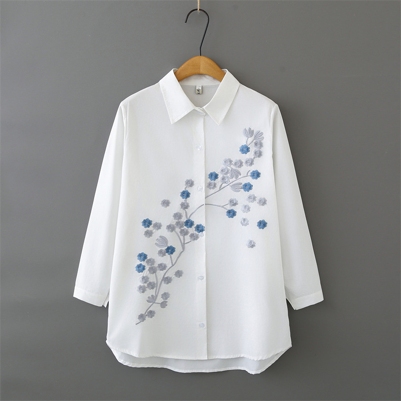 Embroidery Blouse - Women Plus Size Long Sleeve Cotton
