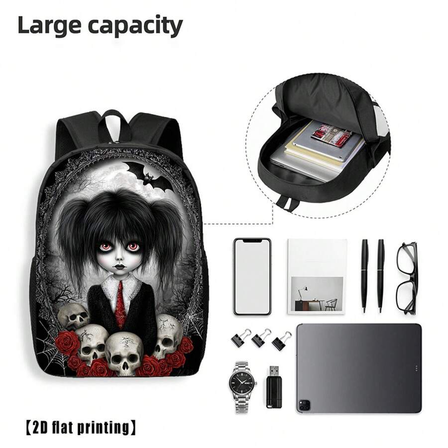 Embroidery Rose - Gothic Skull And Rose Print Backpack