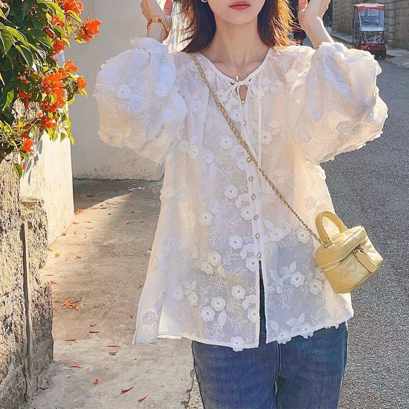Women 3D Floral Embroidery Tie - Embroidery Blouse บทวิจารณ์และราคา