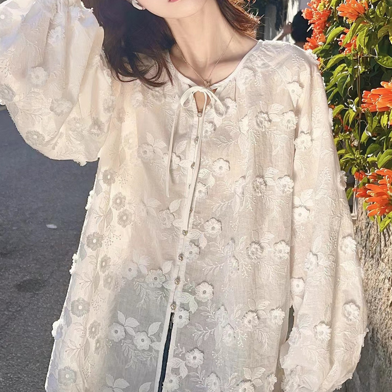 Women 3D Floral Embroidery Tie - Embroidery Blouse บทวิจารณ์และราคา
