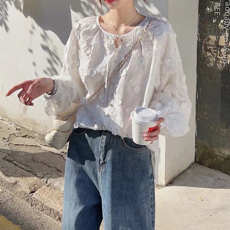 Women 3D Floral Embroidery Tie - Embroidery Blouse บทวิจารณ์และราคา