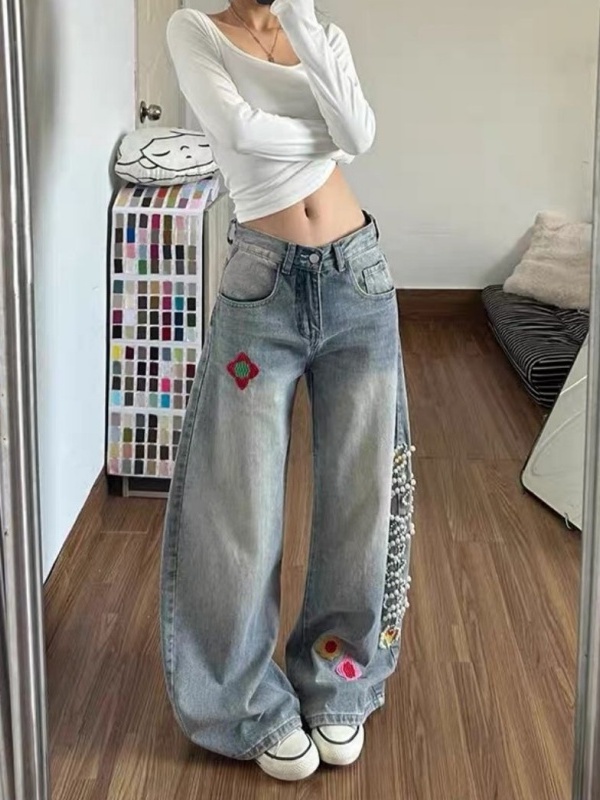 Retro High Waist Wide Leg Deni - Embroidery Ai บทวิจารณ์และราคา