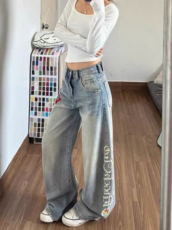 Retro High Waist Wide Leg Deni - Embroidery Ai บทวิจารณ์และราคา