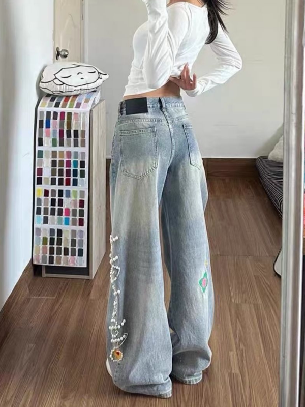 Retro High Waist Wide Leg Deni - Embroidery Ai บทวิจารณ์และราคา