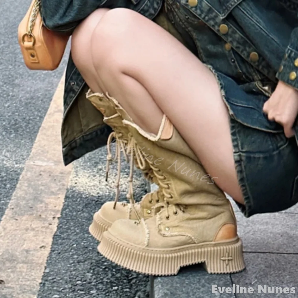 Cross-embroidery Lace-up Knee- - Embroidery Canvas บทวิจารณ์และราคา