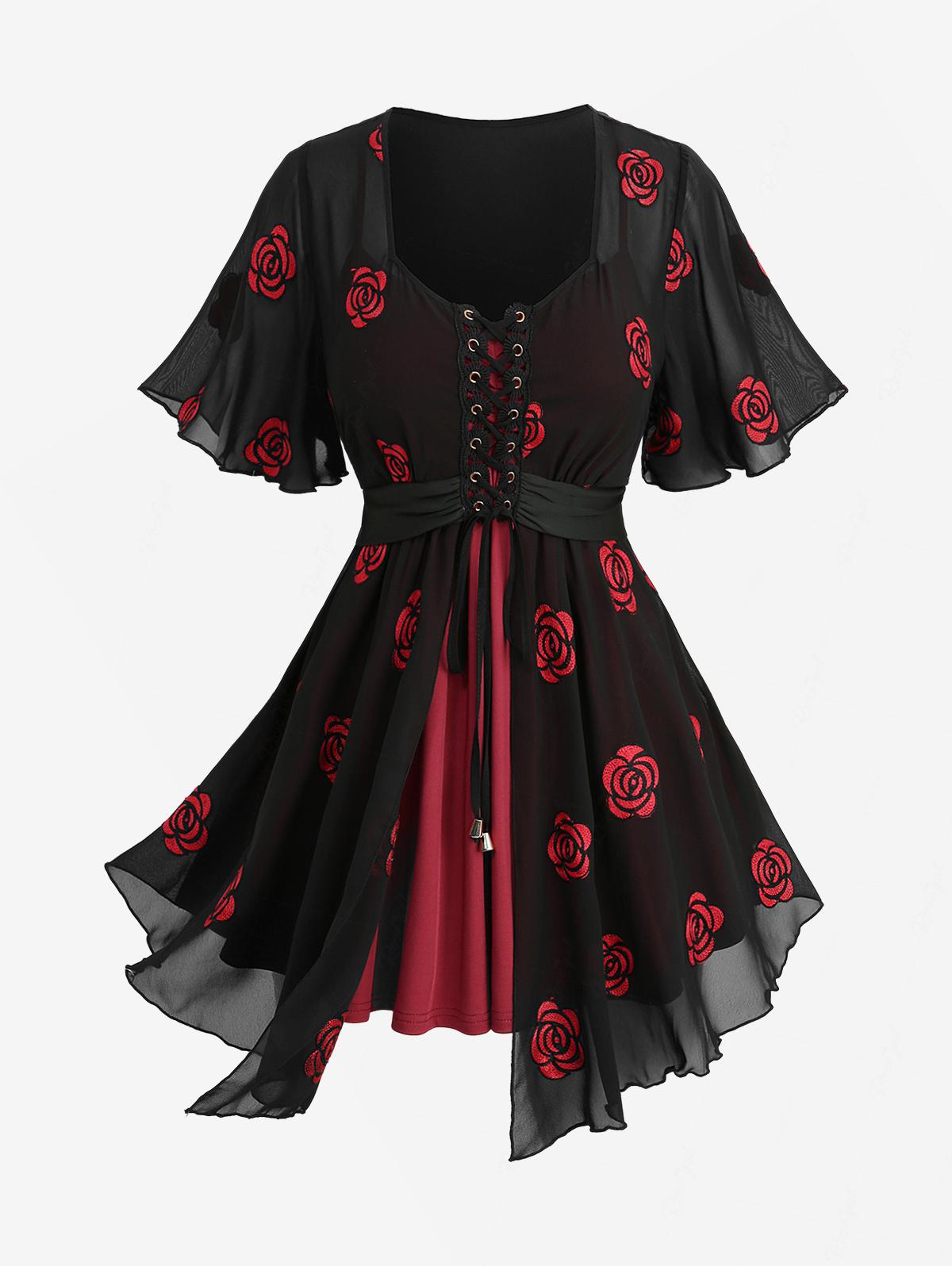 Plus Size 2-in-1 Tops Rose Flo - Embroidery Rose บทวิจารณ์และราคา
