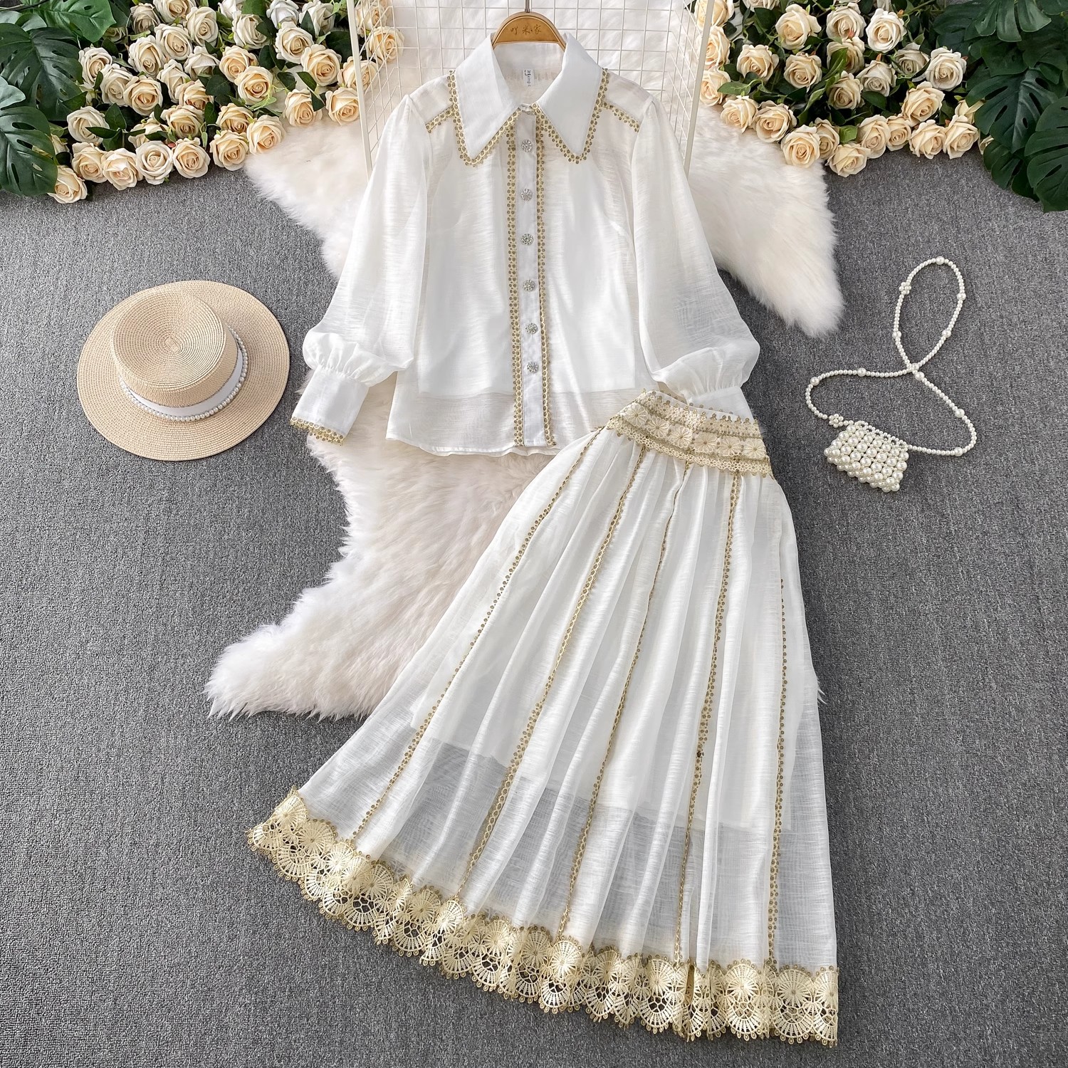 Elegant Shirt Skirt Suit Women - Embroidery Blouse บทวิจารณ์และราคา